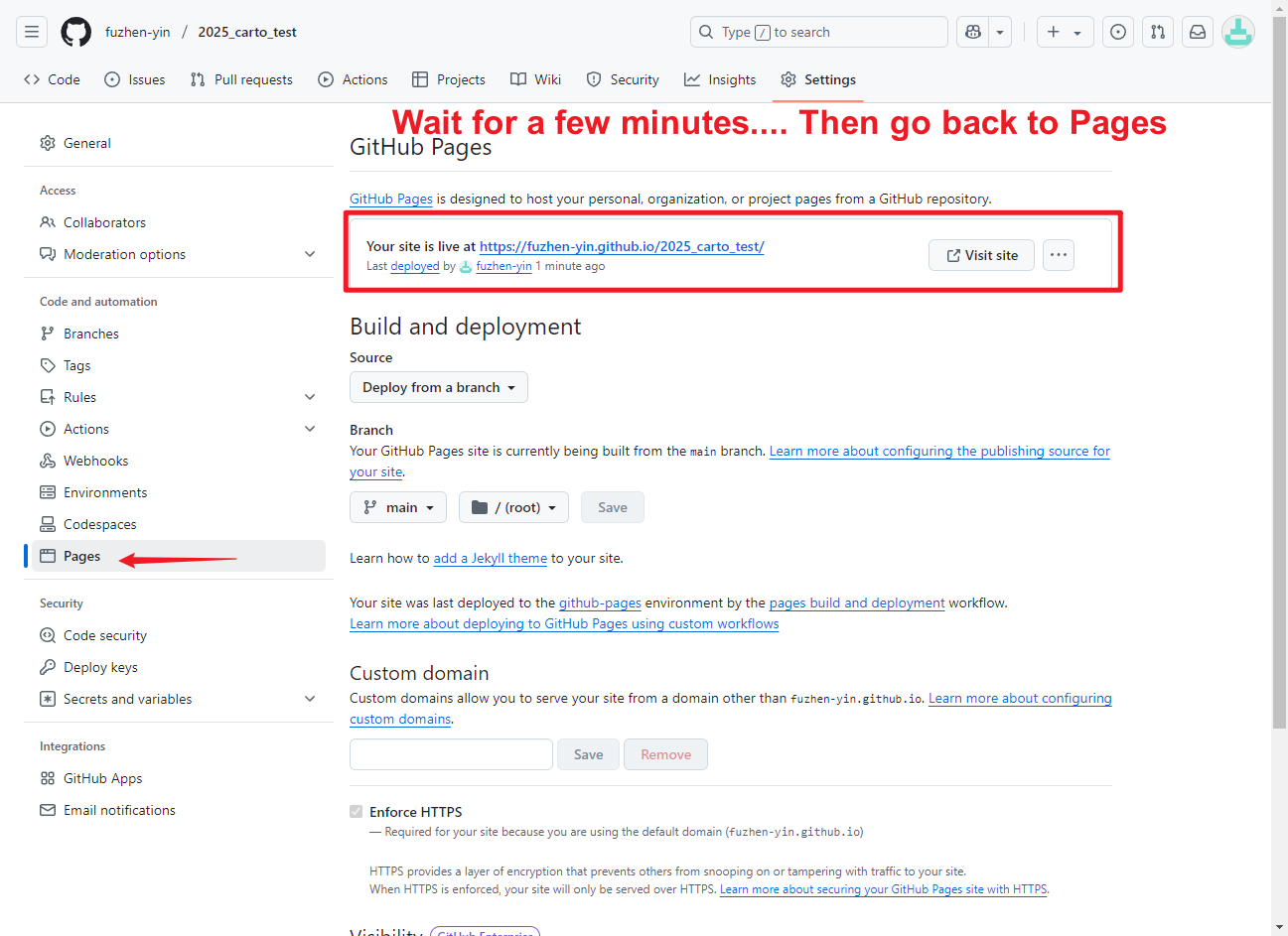 Figure 1.8: GitHub Pages - Web address of your repository