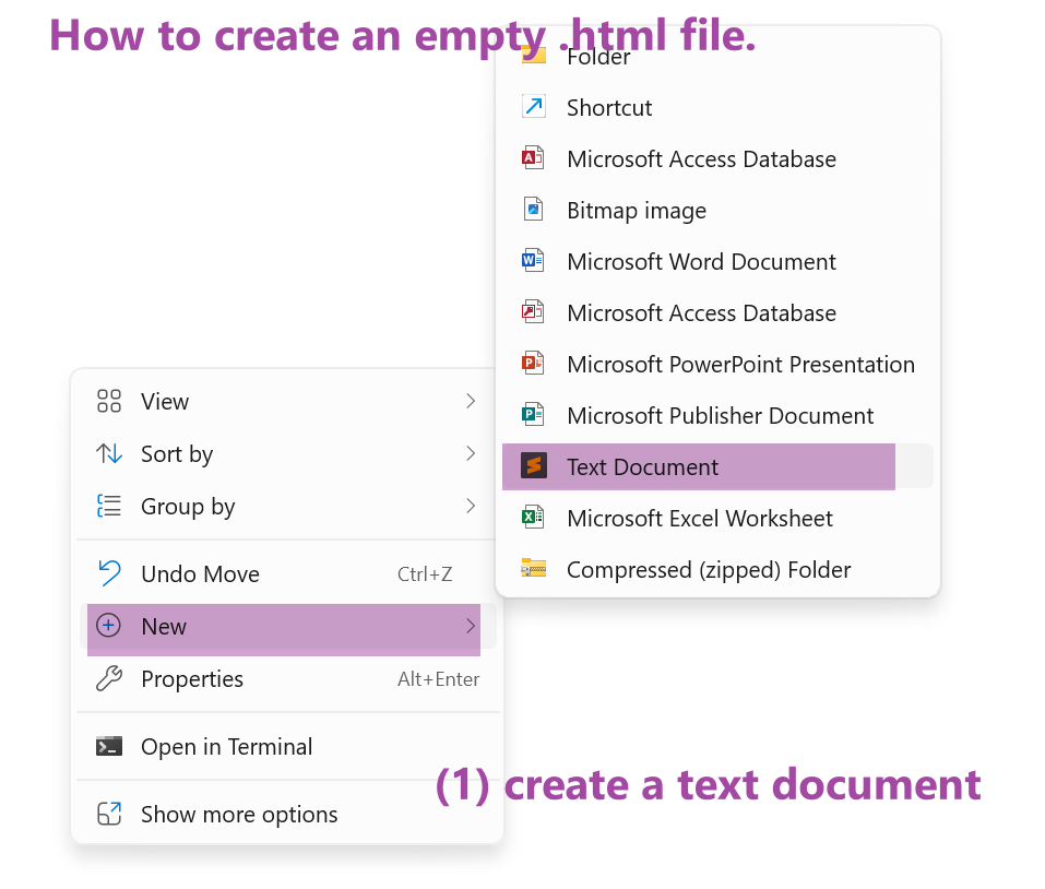 Figure 7.1: Creating a blank .html file (1): right-click to create a text document