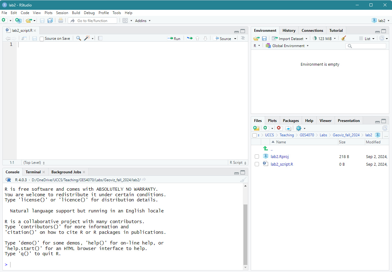 Figure 2.1: Start interface after creating a new project & script for Lab 2.
